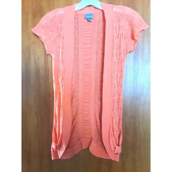 Vanity Cardigan Crocheted Sweater Short Sleeve Open Front Small Coral - Picture 2 of 7